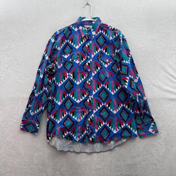 Wrangler Other - Vintage Wrangler Shirt Mens L 16.5/34 Blue Western Aztec Brushpopper Cowboy